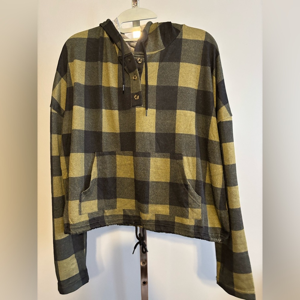 Paper + Tea Sweatshirt Large Check Green & Black Hoodie Long Sleeve Small NWT
